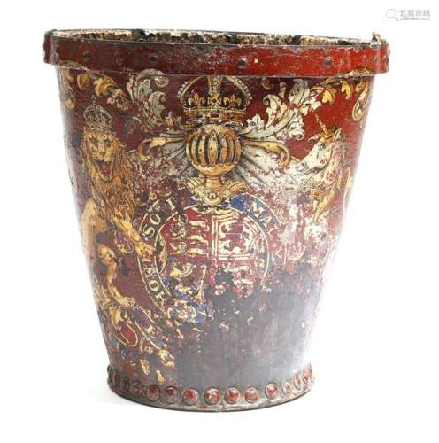 An early 19th century red leather fire bucket, the…