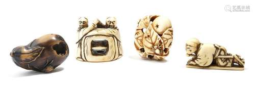 Λ Three Japanese ivory netsuke, two carved with fi…