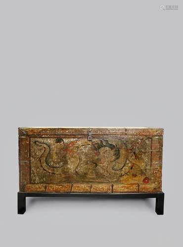 A Tibetan lacquered wood 'Dragon 'Chest', partiall…