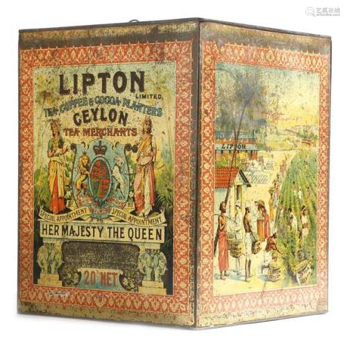 A large Lipton tôle tea canister, the top with a f…