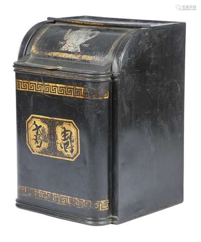 A Victorian black japanned tôle tea bin, the cylin…