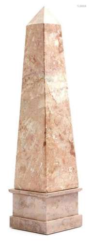 A pink marble obelisk, on a painted wood base, 49c…