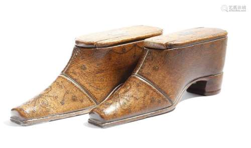 A near pair of early 19th century treen snuff shoe…