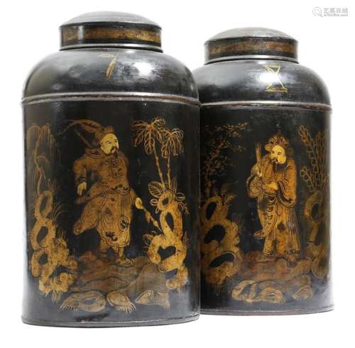 A pair of late Victorian black japanned tôle tea c…