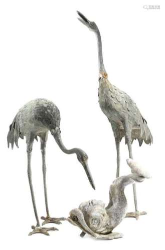 A pair of Japanese bronze models of cranes, 84.8cm…