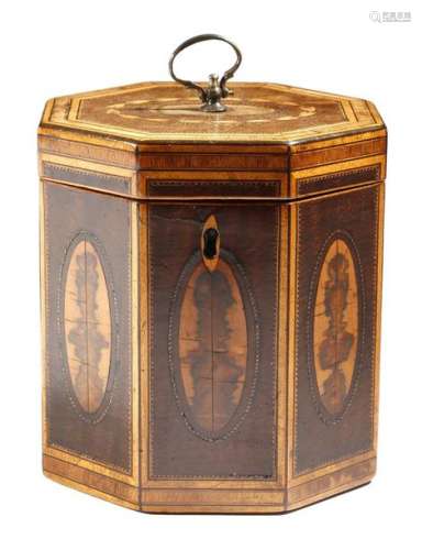 A George III harewood octagonal tea caddy, inlaid …