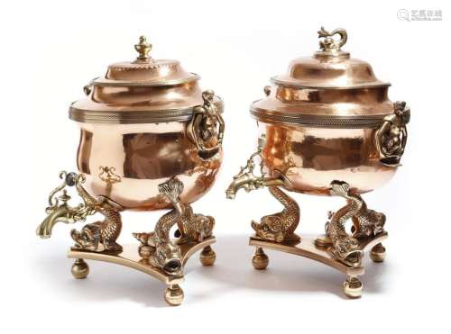 Λ Two similar Regency copper and brass samovars, b…