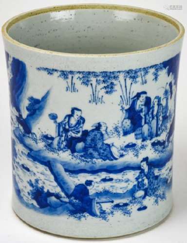 Antique Chinese Blue & White Porcelain Brush Pot