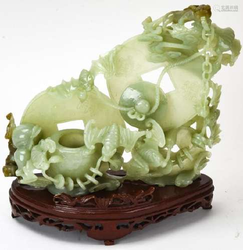 Hand Carved Chinese Jade Statue of Bats & Discs