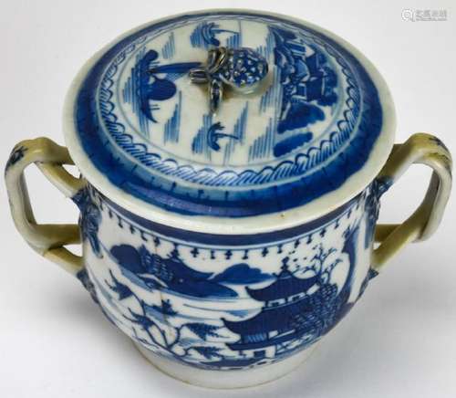 Chinese Canton Blue & White Porcelain Sugar Bowl