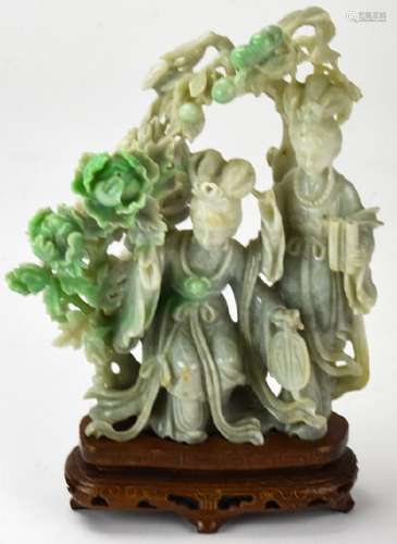 Hand Carved Chinese Jade Statue of Two Ladies