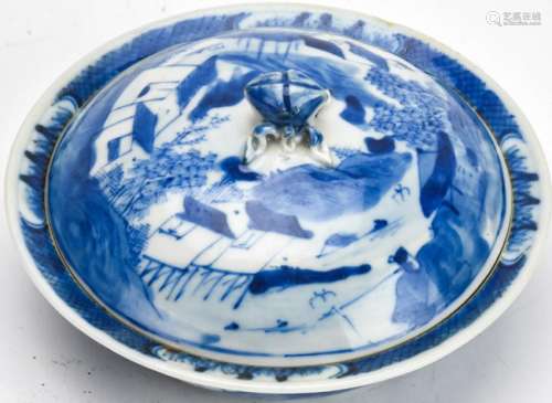 Chinese Blue & White Canton Porcelain Covered Dish