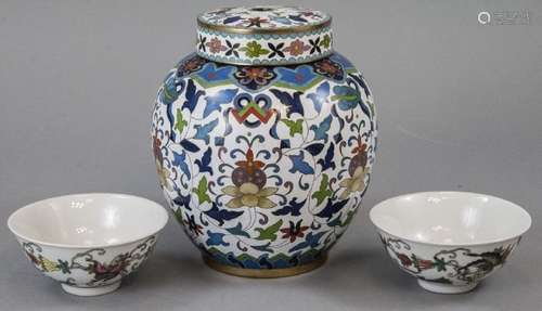 Chinese Cloisonne Temple Jar & 2 Porcelain Bowls