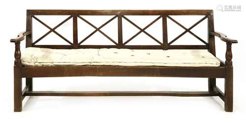 An elm and oak hall bench, with a 'X' latticed bac…