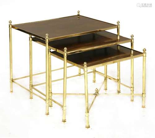 A nest of three brass and mahogany inset tables, e…