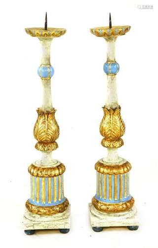 A pair of Italian carved wooden gilt and painted p…