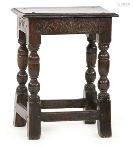 An oak joint stool, 17th century and later, of peg…