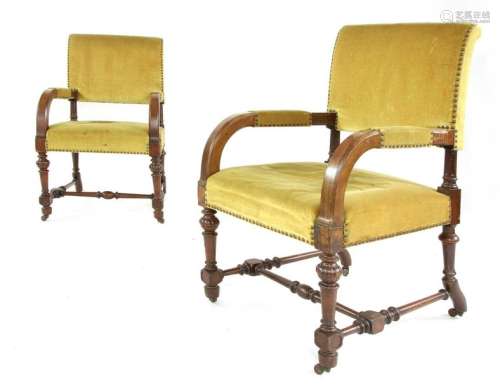 A pair of Victorian walnut framed open armchairs, …