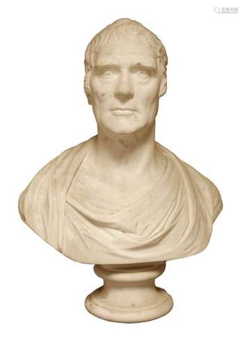 A white marble bust of a man, by Joseph Gott, 62cm…