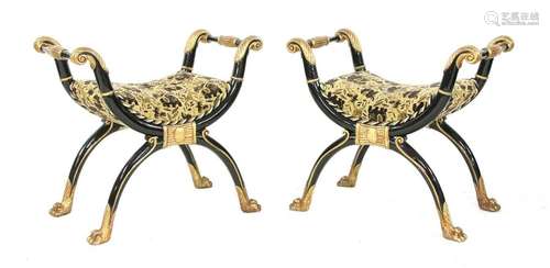 A pair of Regency style ebonised and parcel gilt s…