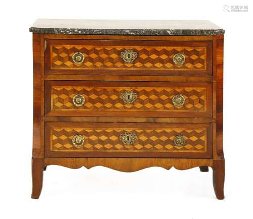 A Louis XVI parquetry inlaid commode, the grey mar…