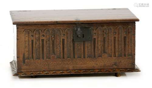 An oak box, late 17th century, the hinged chamfere…