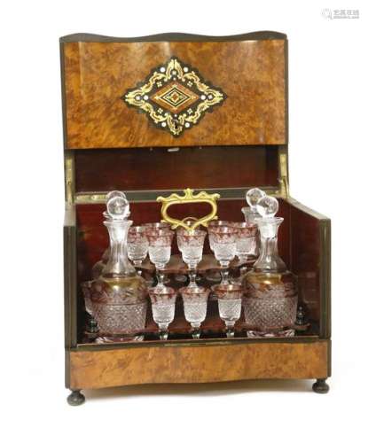 A Continental burr wood and inlaid decanter box, e…