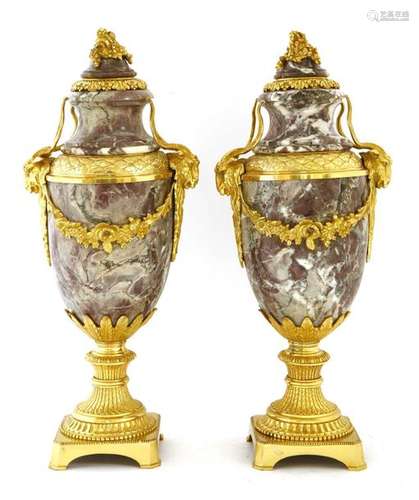 A pair of rouge marble and ormolu mounted urns, 19…