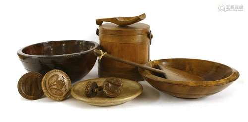 A collection of treen, a sycamore dairy bowl, 19th…