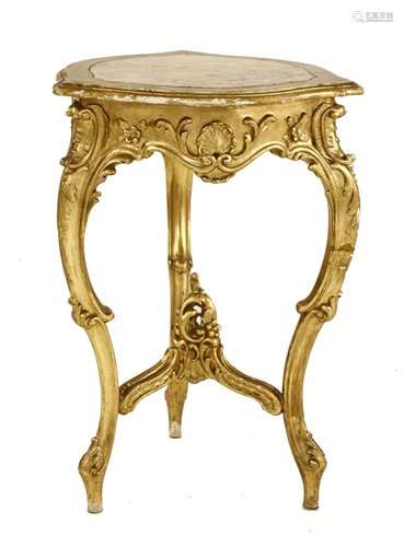 A rococo style giltwood and marble side table, the…