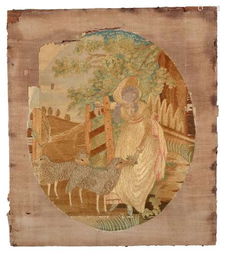 An 18th Century Silk Embroidery: Depicting a shepherdess with sheep