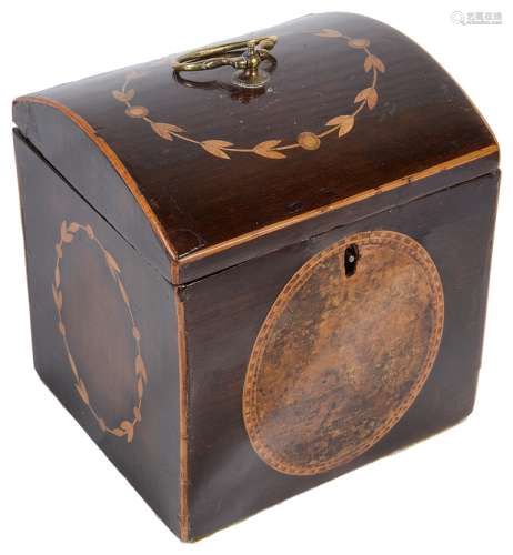 A Regency Tea Caddy: Arch topped tea caddy with handle to the top within inlaid laurel wreath,