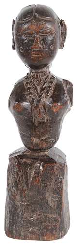 A Tribal Carving: 18th Century, carved wooden bust of a woman,