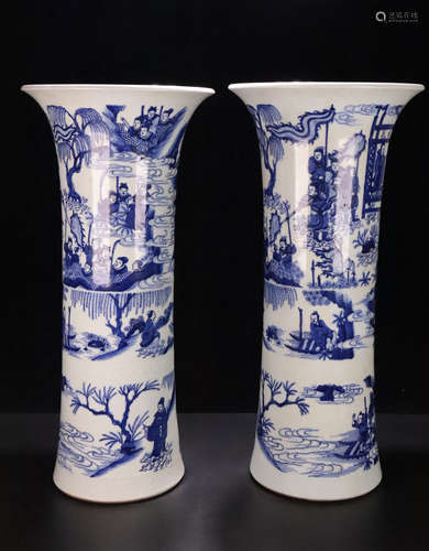 PAIR WHITE&BLUE GLAZE FIGURE STORY PATTERN GU VASE