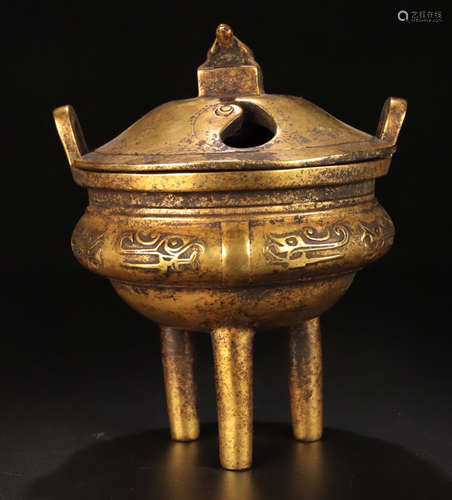 A GILT BRONZE CASTED DOUBLE EAR TRIPOD CENSER