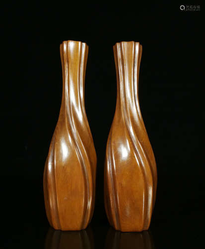 PAIR HUANGYANG WOOD CARVED PRISMATIC VASE