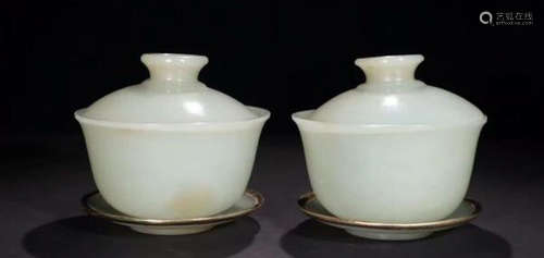 PAIR HETIAN JADE CARVED GILT SILVER CUPS