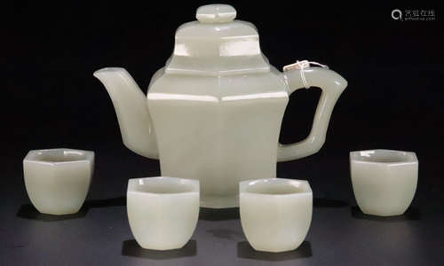 SET OF HETIAN JADE CARVED POT AND CUPS