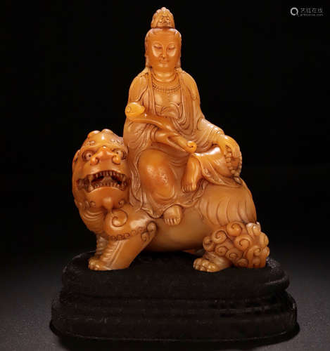 A TIANHUANG STONE CARVED LION&GUANYIN BUDDHA