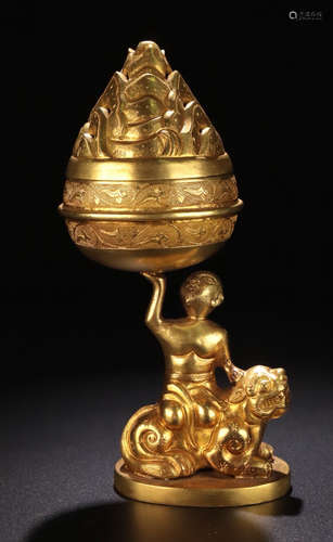 A GILT BRONZE CASTED LION&LUOHAN BOSHAN CENSER