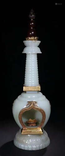 A HETIAN JADE CARVED GILT SILVER PAGODA STUPA