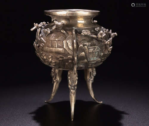 A SILVER CASTED STORY PATTERN TRIPOD CENSER