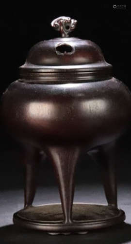 A XIAOYE ZITAN WOOD CARVED HOLLOW TRIPOD CENSER