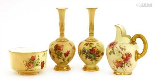 A pair of Royal Worcester blush ivory bottle vases