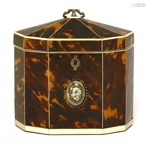 A George III tortoiseshell single compartment tea caddy