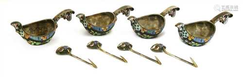A set of four Russian silver and enamel kovshi,