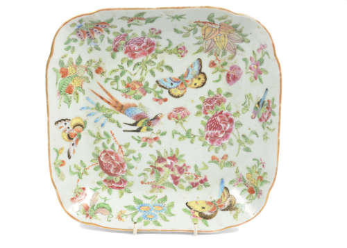A 19th Century Chinese Canton famille rose porcelain square dish, rounded corners, gilt rim, bird,