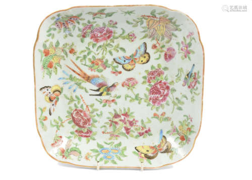 A 19th Century Chinese Canton famille rose porcelain square dish, rounded corners, gilt rim, bird,