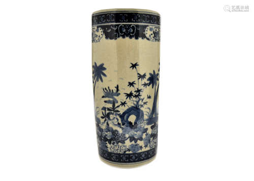 A Japanese blue and white ceramic stick stand, landscape scene, floral and scroll borders, 44.5 cm