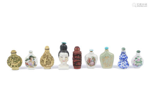 A collection of Chinese snuff and scent bottles, ceramic and resin examples with painted and
